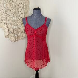 Vintage Y2K Red Heart Flocked Velvet Sheer Chemise Babydoll Slip Size Large